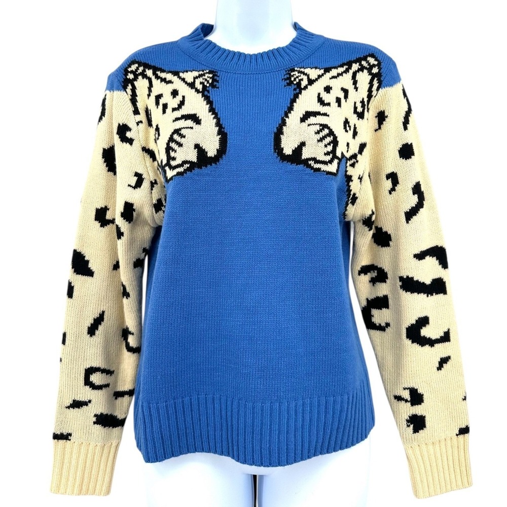 Angashion Leopard Knit Sweater Blue & Pale Yellow Crewneck Women's Small